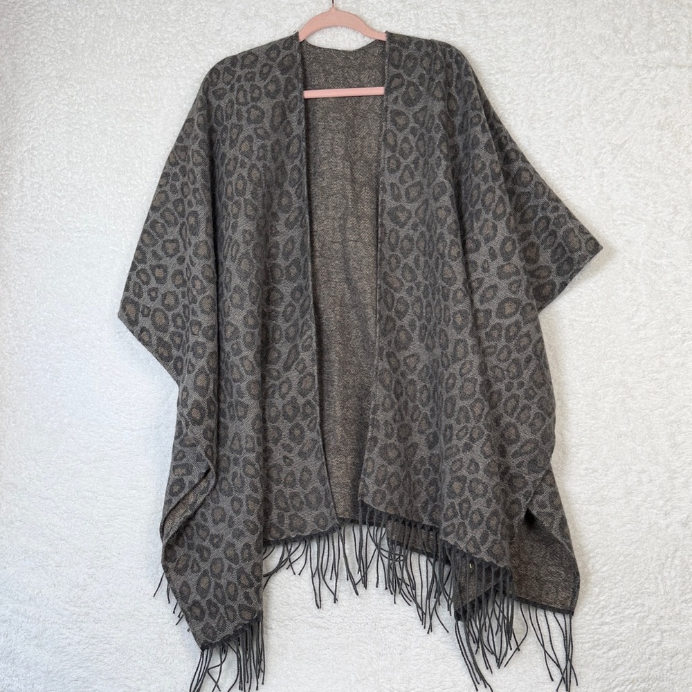 Gray Leopard Print Soft Fringe Open Front‎ Poncho Shawl One Size Fits All